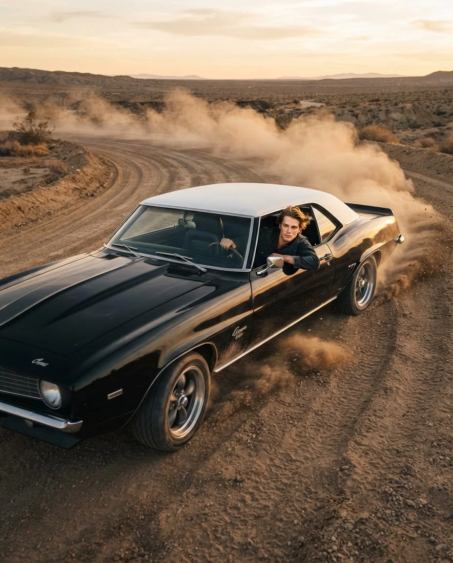 Фото реалистичной погони в пустыне на Chevrolet Camaro — пример результата промта для Картинки