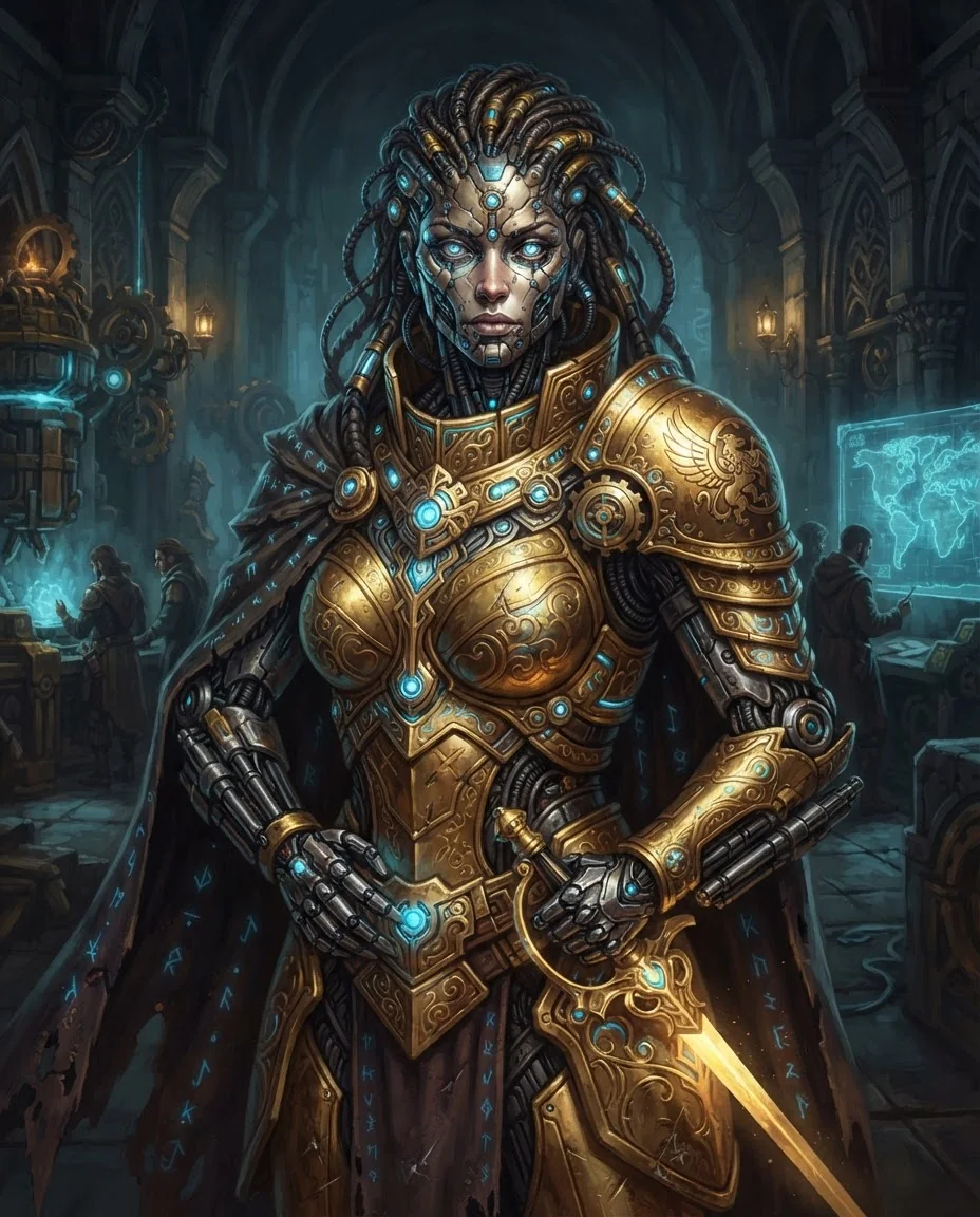 Киборг в золотом костюме (D&D Sci-fi) — пример результата промта для Картинки
