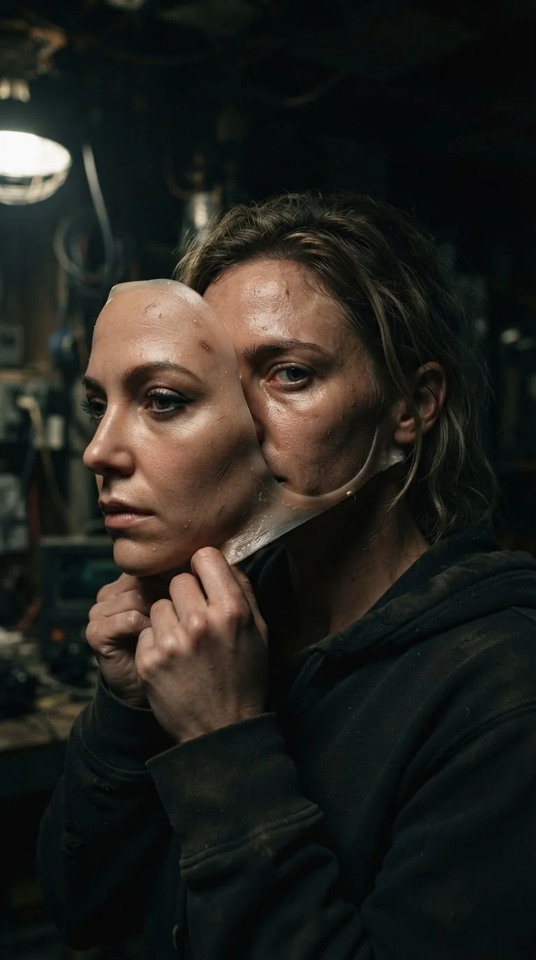 Криповый эффект «Срыв маски» — пример результата промта для Kling